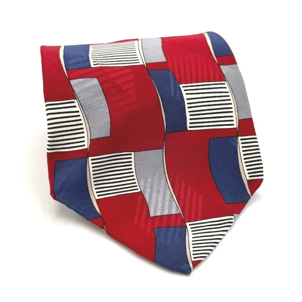 John Henry Mens Silk Tie Red‎ Blue Grey Geometric Abstract Vintage Made in USA